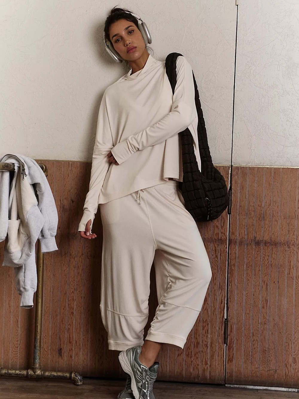 Free People Cream Long Sleeve Draped Top